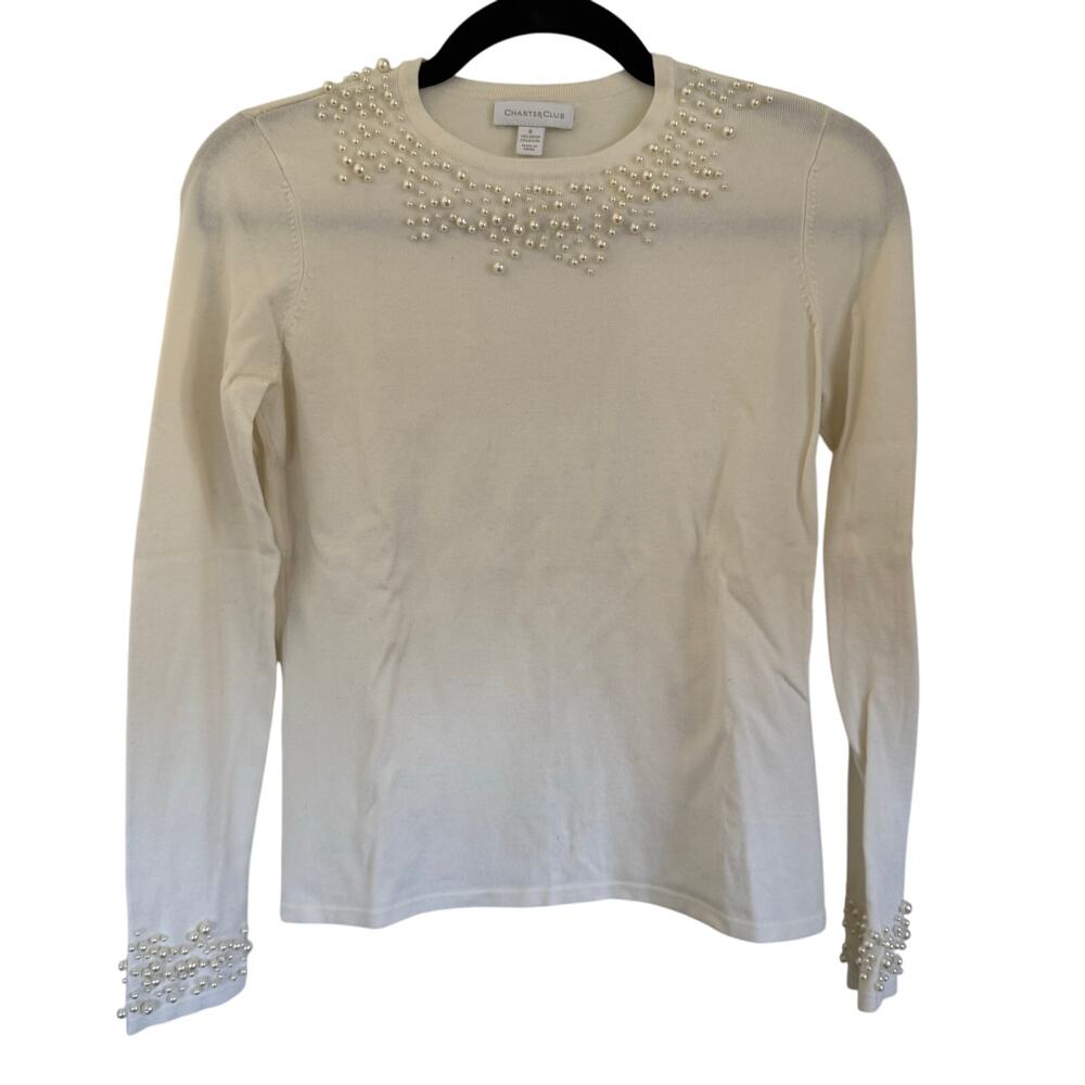 Charter Club Womens Pearl Beaded Embellished Cream Crew Neck Sweater Size Small
